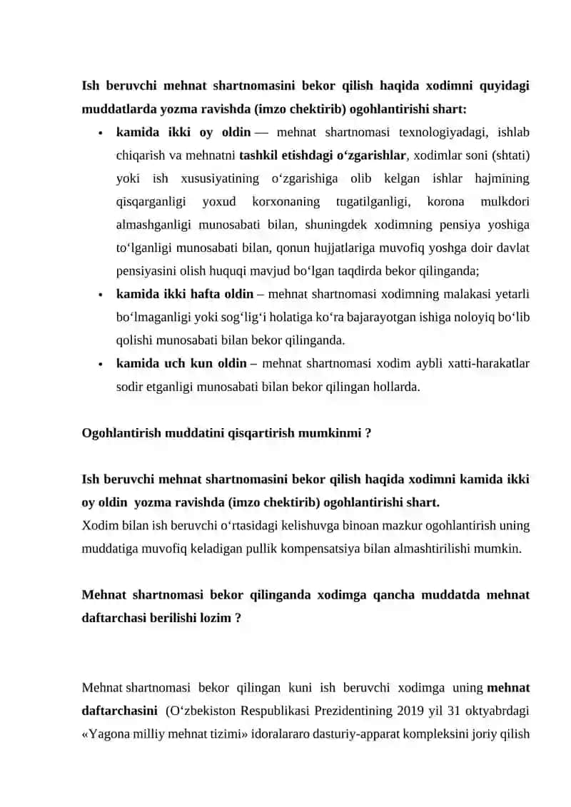 Mehnat shartnomasini ish beruvchining tashabbusiga asosan bekor qilish asoslari va tartibi 2