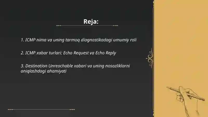 ICMP (Internet Control Message Protocol) va uning diagnostikadagi roli: Ping, Traceroute kabi vositalar yordamida tarmoq nosozliklarini aniqlash 2