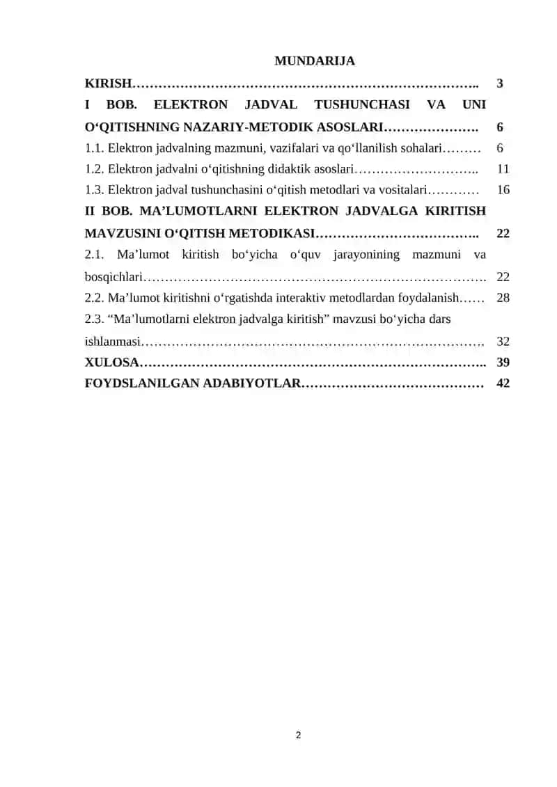 “Elektron jadval tushunchasi. Maʼlumotlarni elektron jadvalga kiritish” mavzusini oʻqitish metodikasi 2