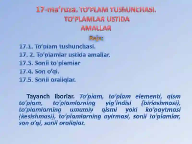 Oliy matematika: to‘plam tushunchasi va to‘plamlar ustida amallar 2