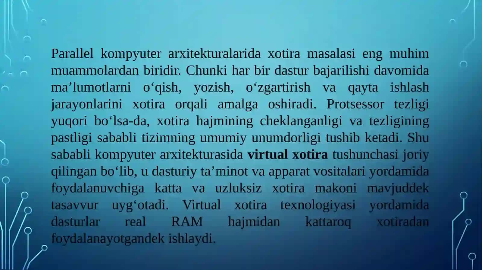 Virtual xotira.Parallelhisoblashda xotira turlarining ahamiyati. MMU (Memory Management Unit) tushunchasi. Sahifa xatosi (Page Fault) va Swap (paging) jarayoni. Sahifalar jadvali 2