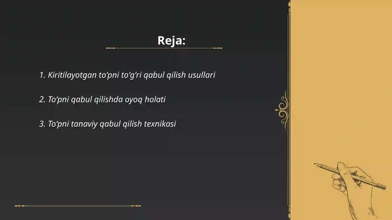 Kiritilayotgan toʻpni qabul qilish, uzatish va turli zonalardan zarba berish texnikasi 2