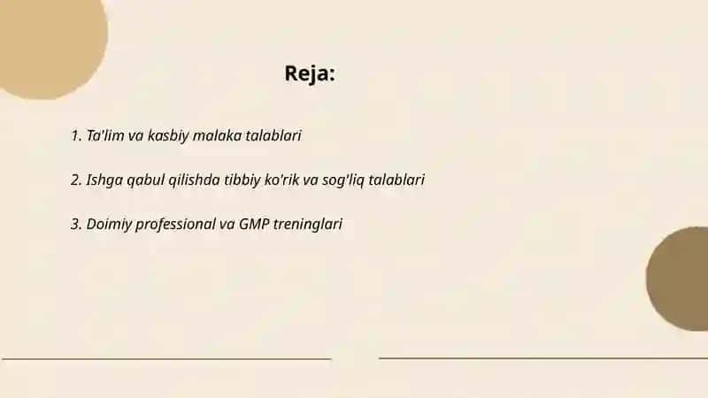 Farmatsevtik ishlab chiqarishda xodimlarga qo‘yiladigan talablar 2