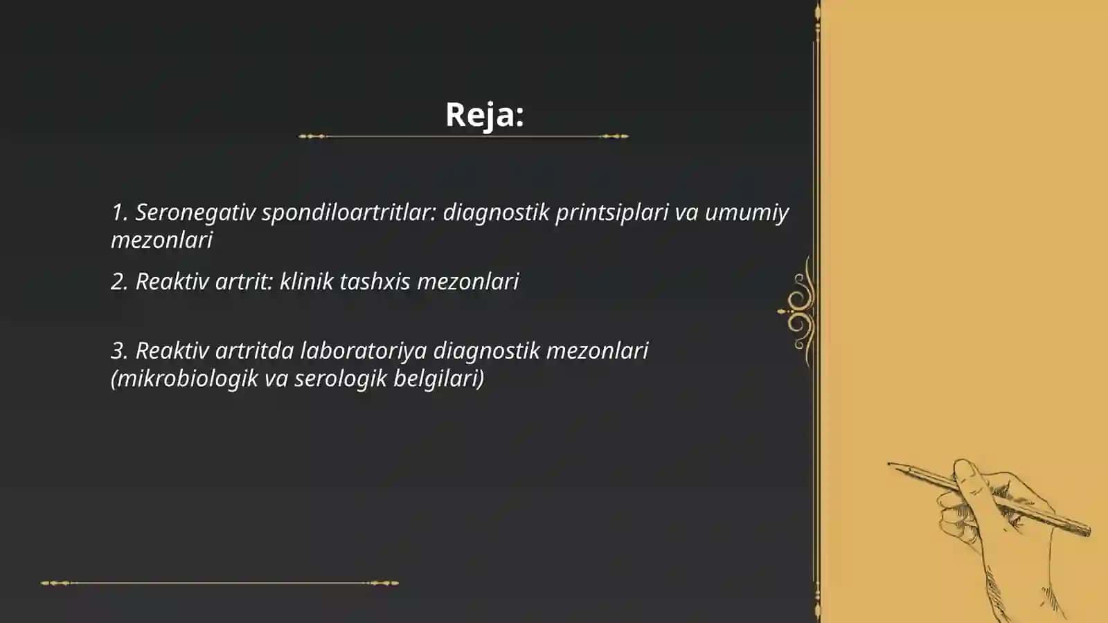 Seronegativ spondiloartritlarning (Reaktiv artrit, Bexterev kasalligi, psoriatik artrit) diagnostik kriterialari. Revmatizmning diagnostik kriterialari 2