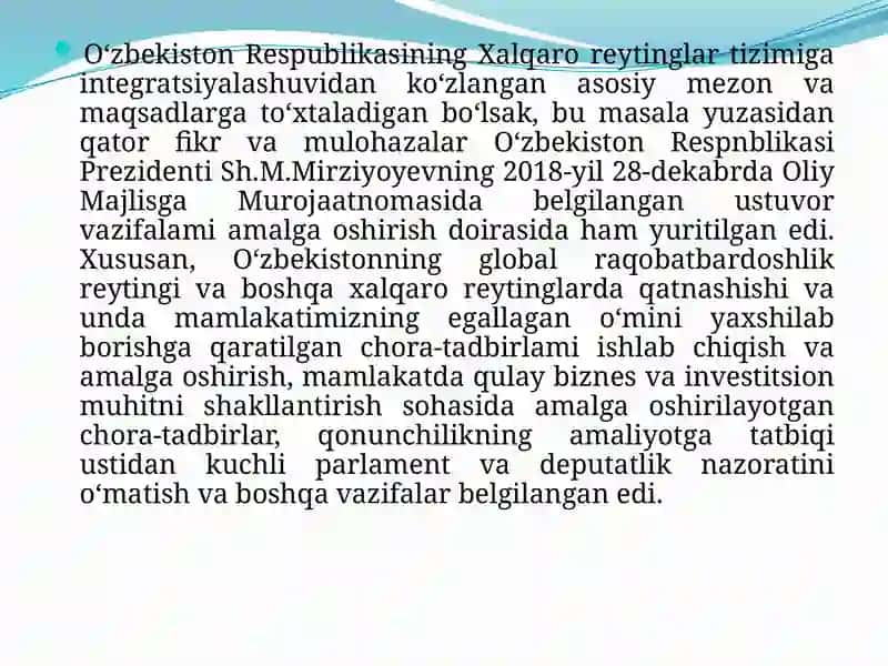 O‘zbekiston Respublikasining xalqaro reyting va indekslardagi o‘rnini yaxshilash borasidagi davlat siyosati, qabul qilingan huquqiy-normativ hujjatlar 2