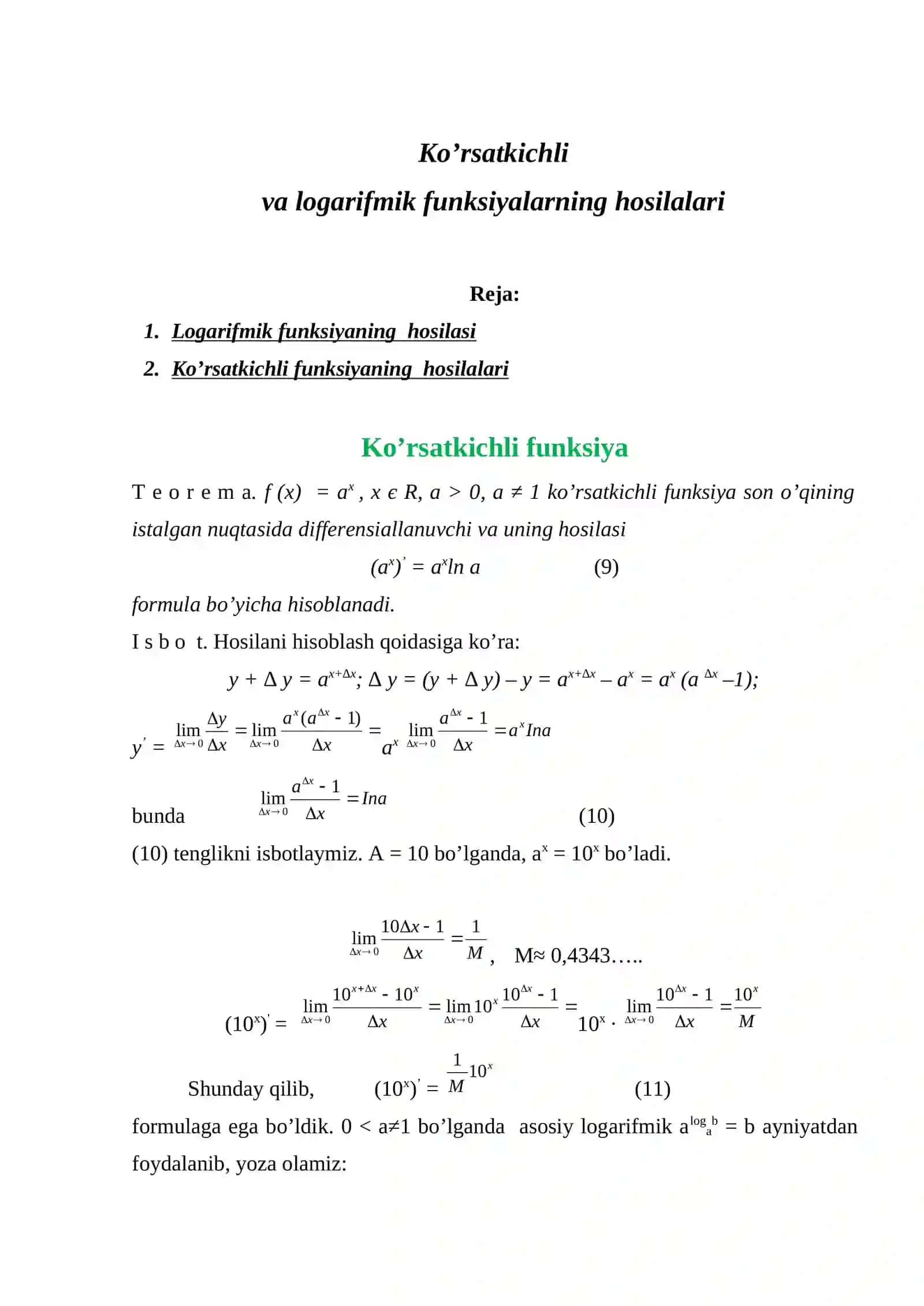 Ko’rsatkichli va logarifmik funksiyalarning hosilalari 2