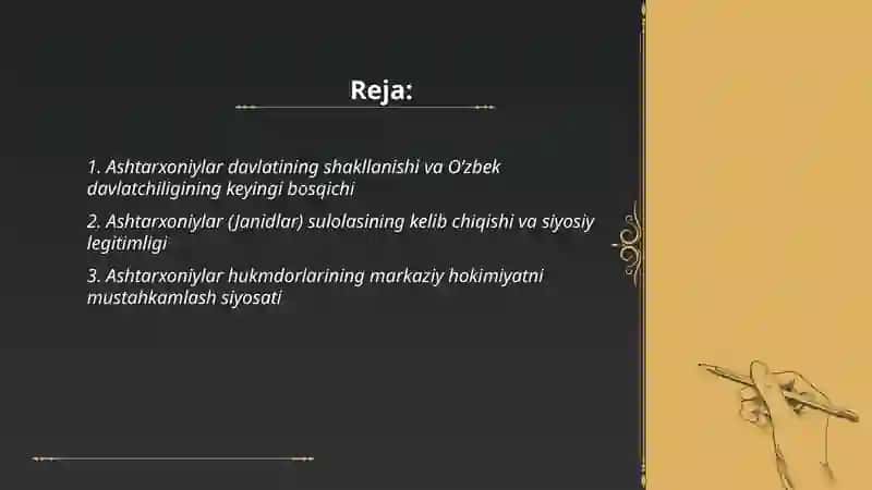 Oʻzbek davlatchiligining tarixiy bosqichlari Oʻzbekiston hududidagi Ashtarxoniylar davlat tarixi misolida 2