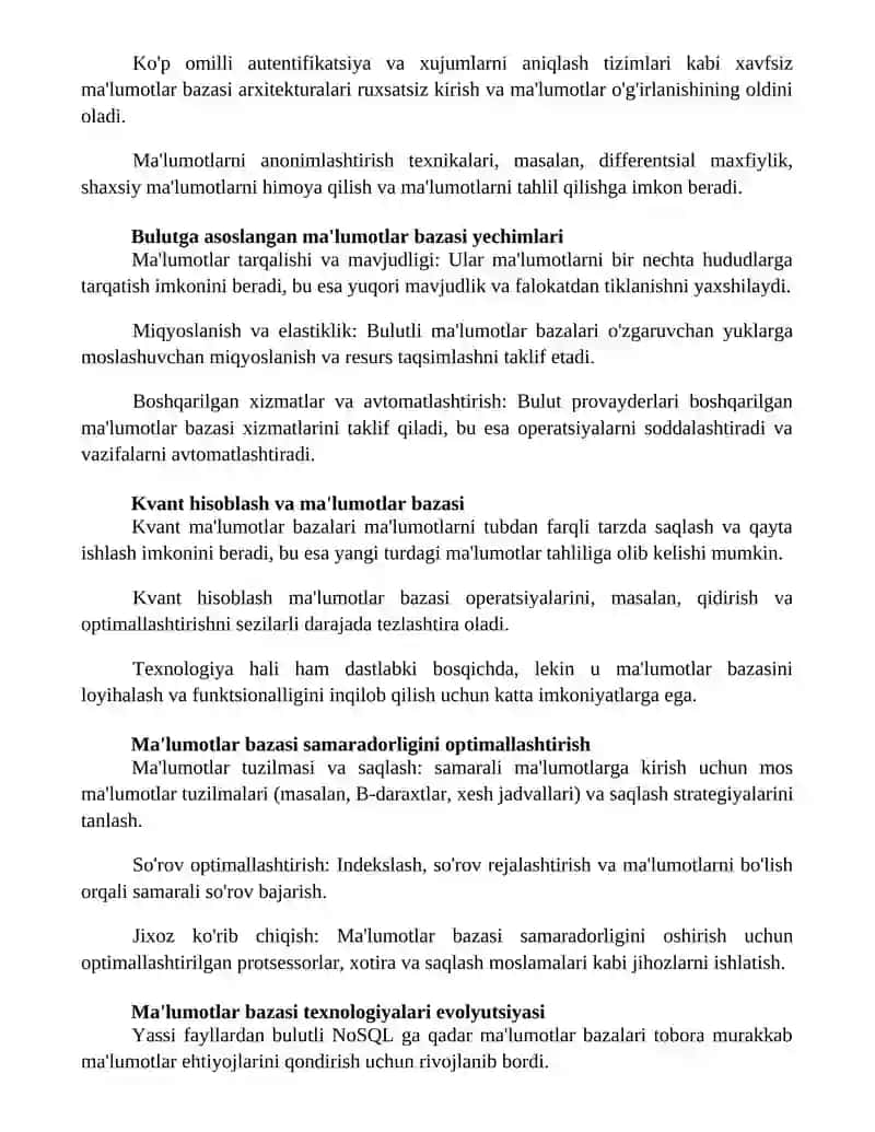 Ma'lumotlar bazasini shakillantirishda texnalo'giyalar prespektivlari 2