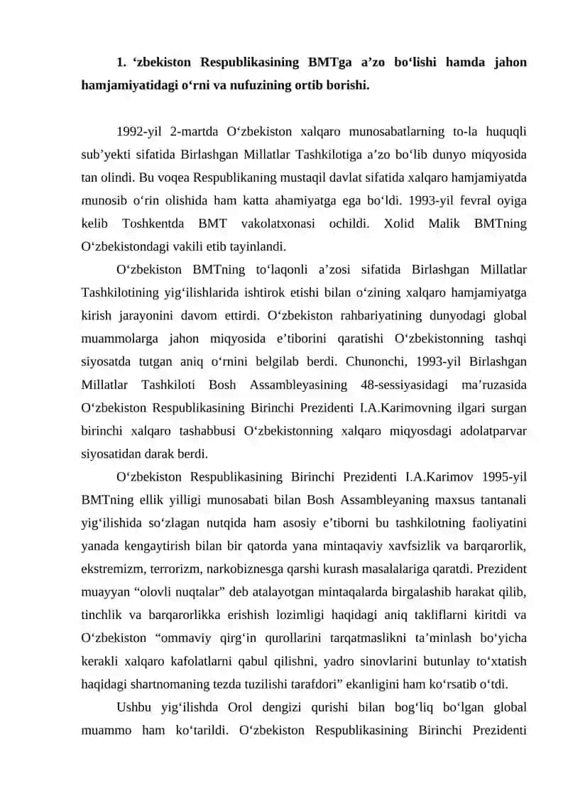 O‘zbekiston Respublikasining BMTga a’zo bo‘lishi hamda jahon hamjamiyatidagi o‘rni va nufuzining ortib borishi 2