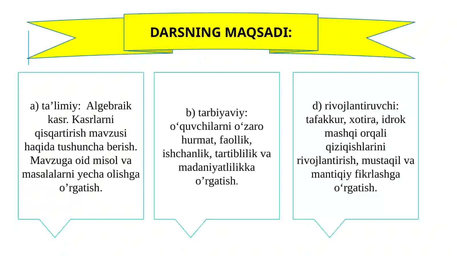 7-sinf Algebra fanidan Algebraik kasr. Kasrlarni qisqartirish ochiq dars ishlanma 2