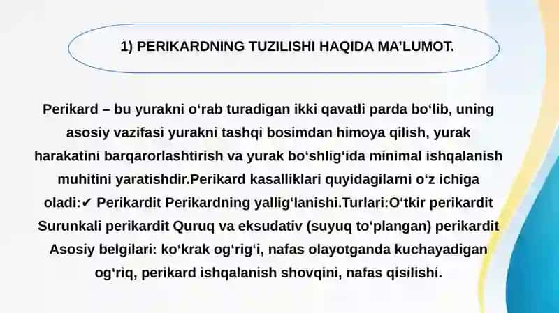 PERIKARD KASALLIKLARI.YURAK O‘SMALARI.YURAKTRANSPLANTATSIYALARI 2