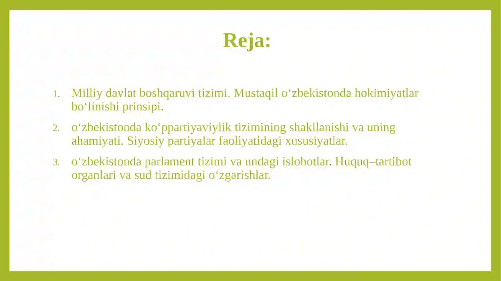 о‘ZBEKISTONDA DEMOKRATIK, FUQAROLIK JAMIYATIASOSLARINING SHAKLLANISHI, AMALGA OSHIRILGAN SIYOSIYISLOHOTLAR 2