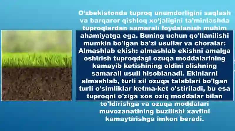 Òzbekiston tuproqlaridan samarali foydalanish yo’llari va unumdorligini saqlash 2