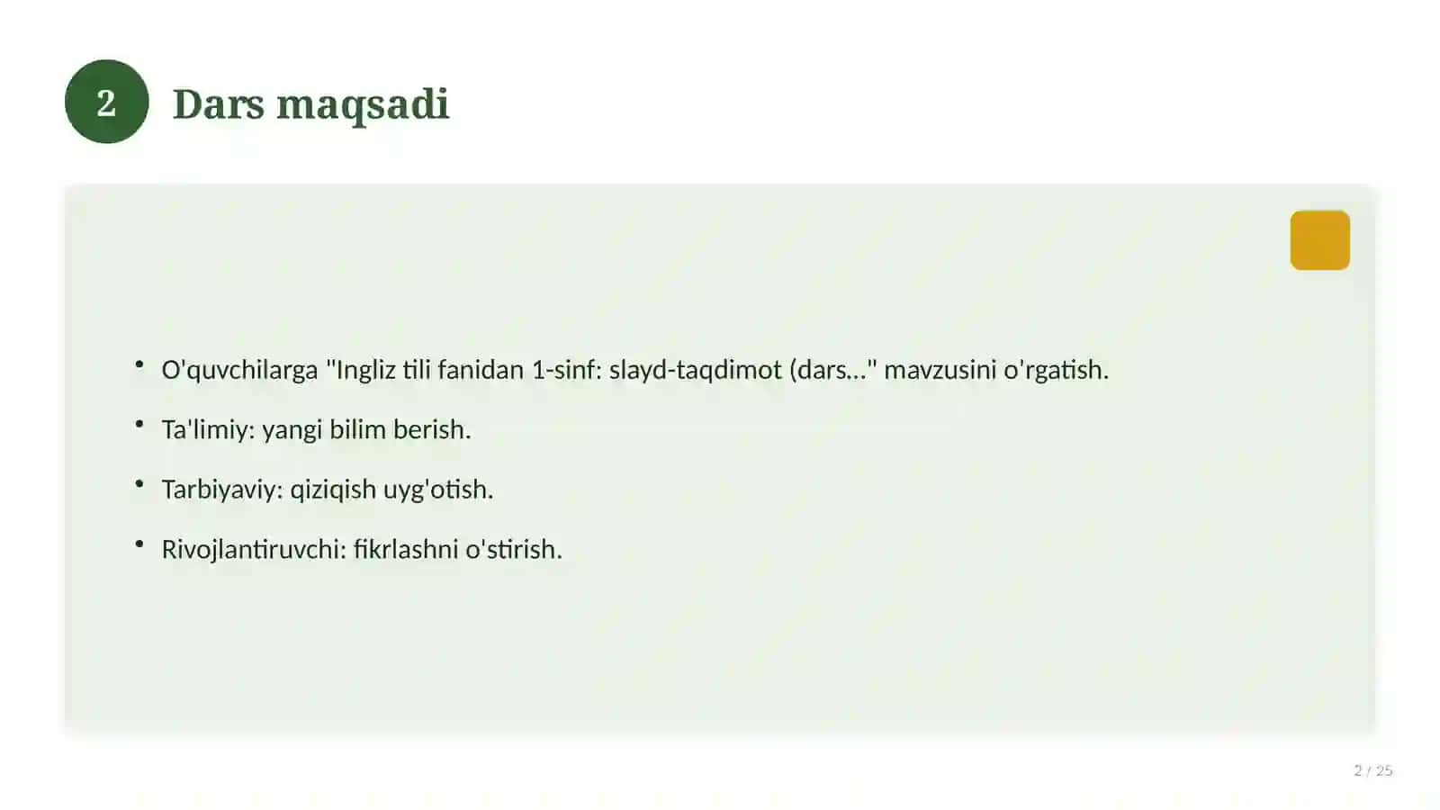 Ingliz tili fanidan 1-sinf: slayd-taqdimot (dars uchun) 2