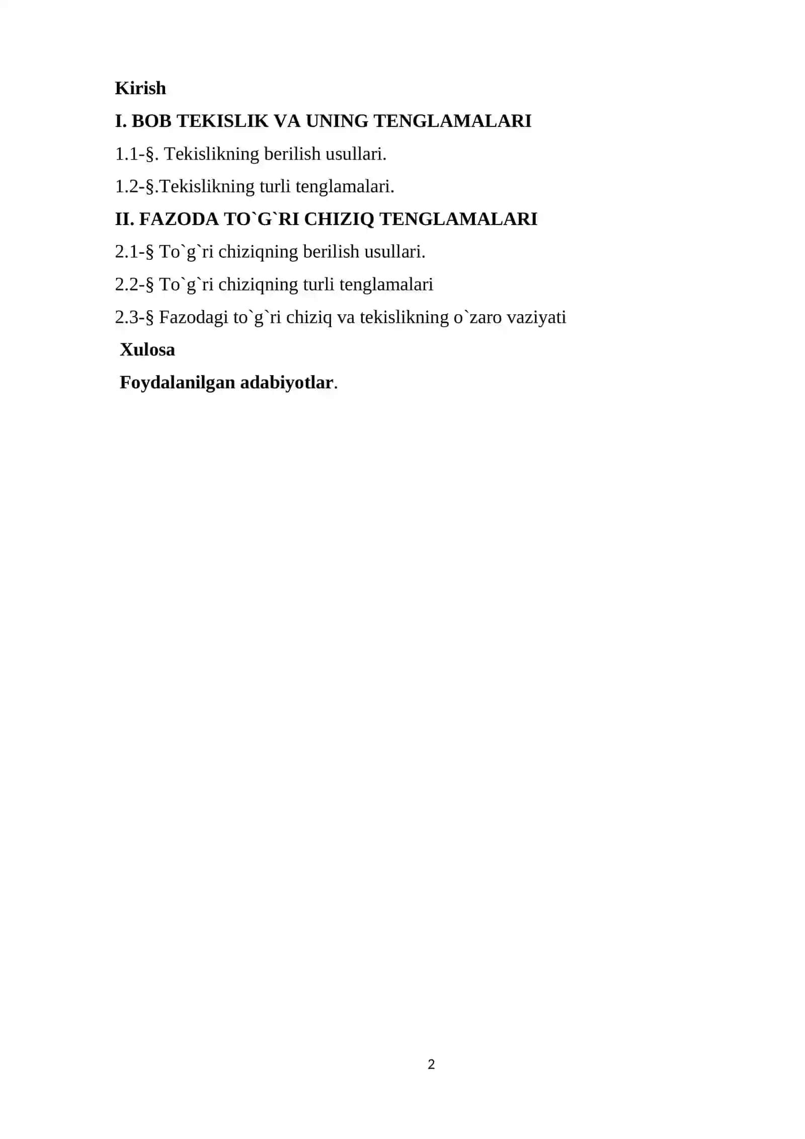 FAZODA TO‘G‘RI CHIZIQLAR VA TEKISLIKLARGA OID ARALASH MASALALAR. 2