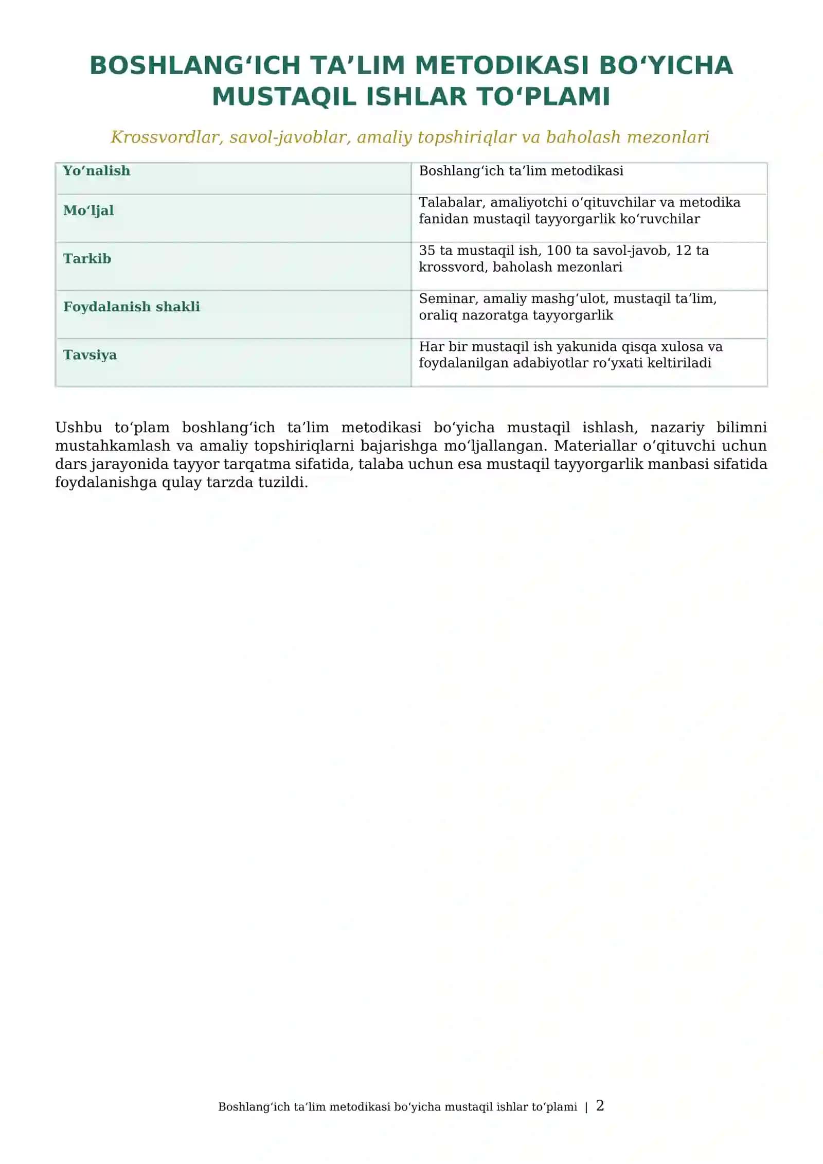 BOSHLANG‘ICH TA’LIM METODIKASI BO‘YICHA MUSTAQIL ISHLAR TO‘PLAMI 2