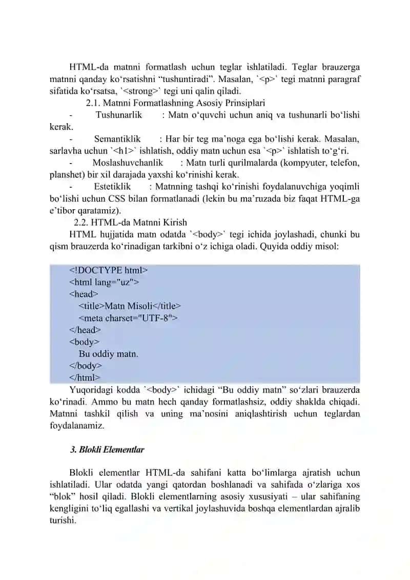Web Texnologiyalar Fanidan Ma'ruza: Matn bilan Ishlash, Blokli va Satrli Belgilash Elementlari 2