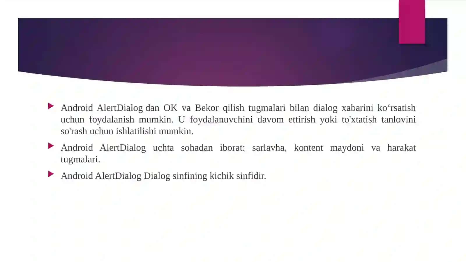 AlertDialog bilan ishlash, ro’yxatli, tanlagichli, flajokli AlertDialog bilan ishlash 2