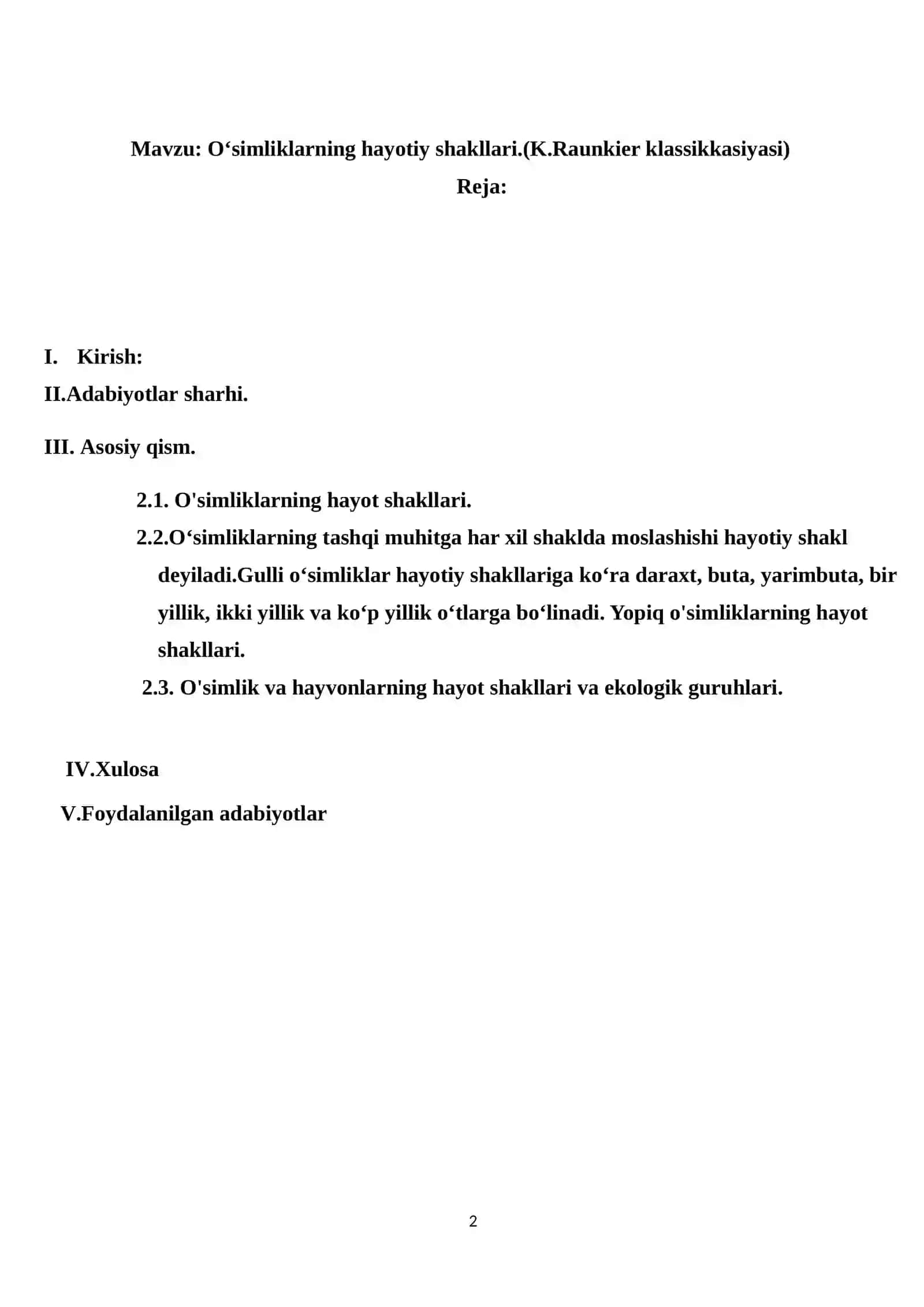 O‘simliklarning hayotiy shakllari.(K.Raunkier klassikkasiyasi) 2
