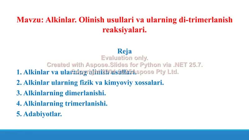 6. Alkinlar. Olinish usullari va ularning di-trimerlanish reaksiyalari. Taqdimot, 18 bet. 2