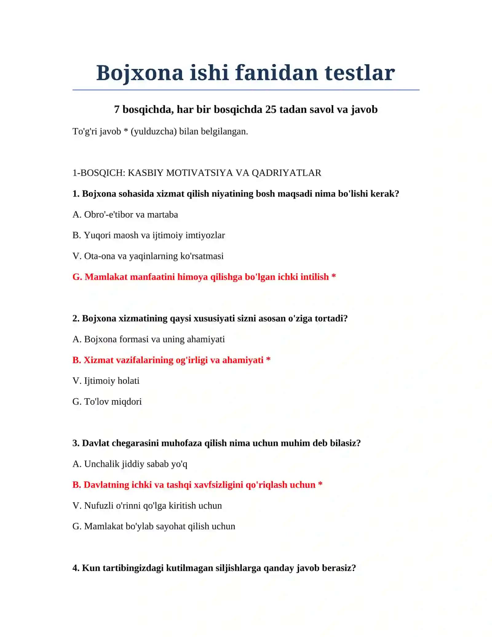 Bojxona ishi fanidan testlar 2