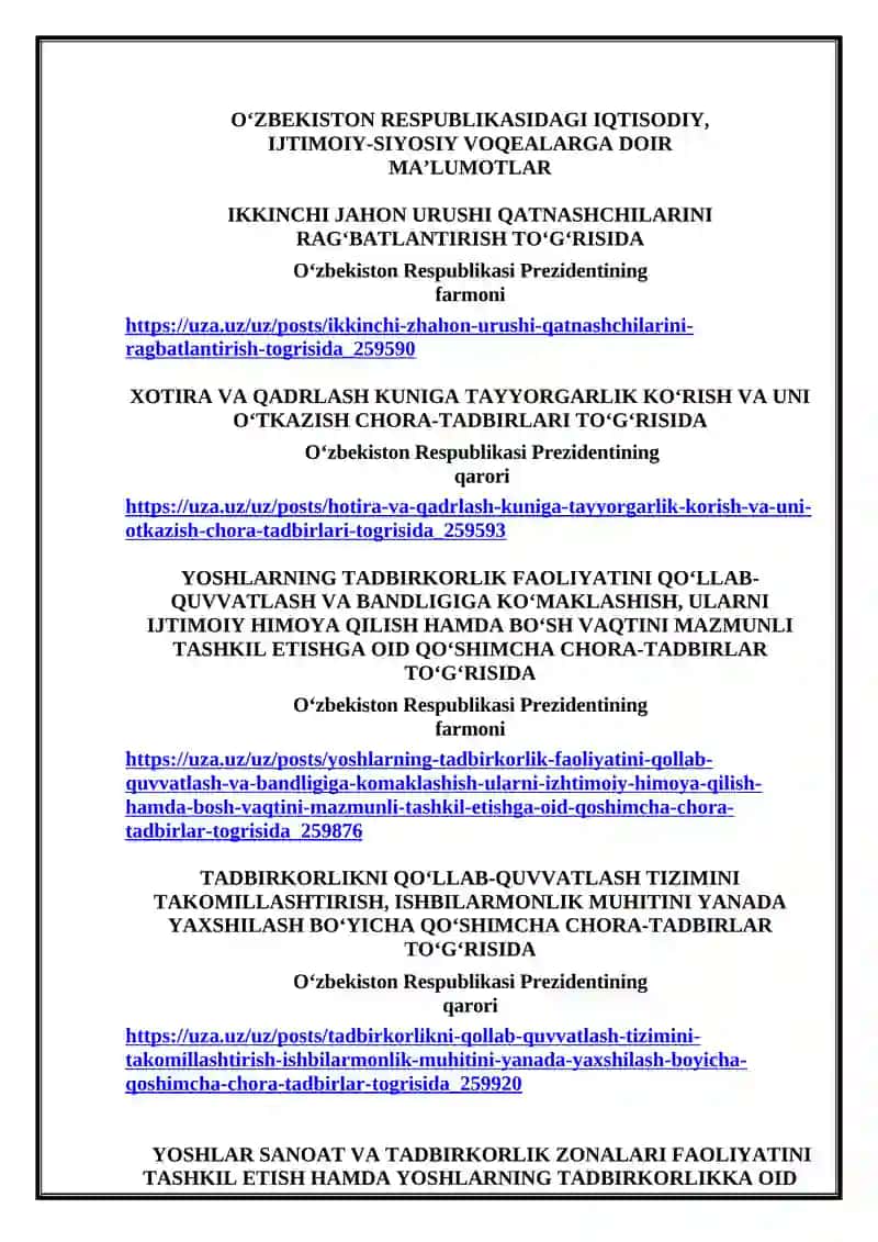 O‘ZBEKISTON RESPUBLIKASIDAGI IQTISODIY, IJTIMOIY-SIYOSIY VOQEALARGA DOIR MA’LUMOTLAR 2