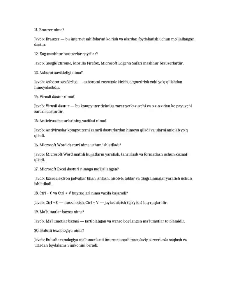 Axborot texnologiyalari bo‘yicha test savollari va tushuntirilgan javoblar (2025) 2