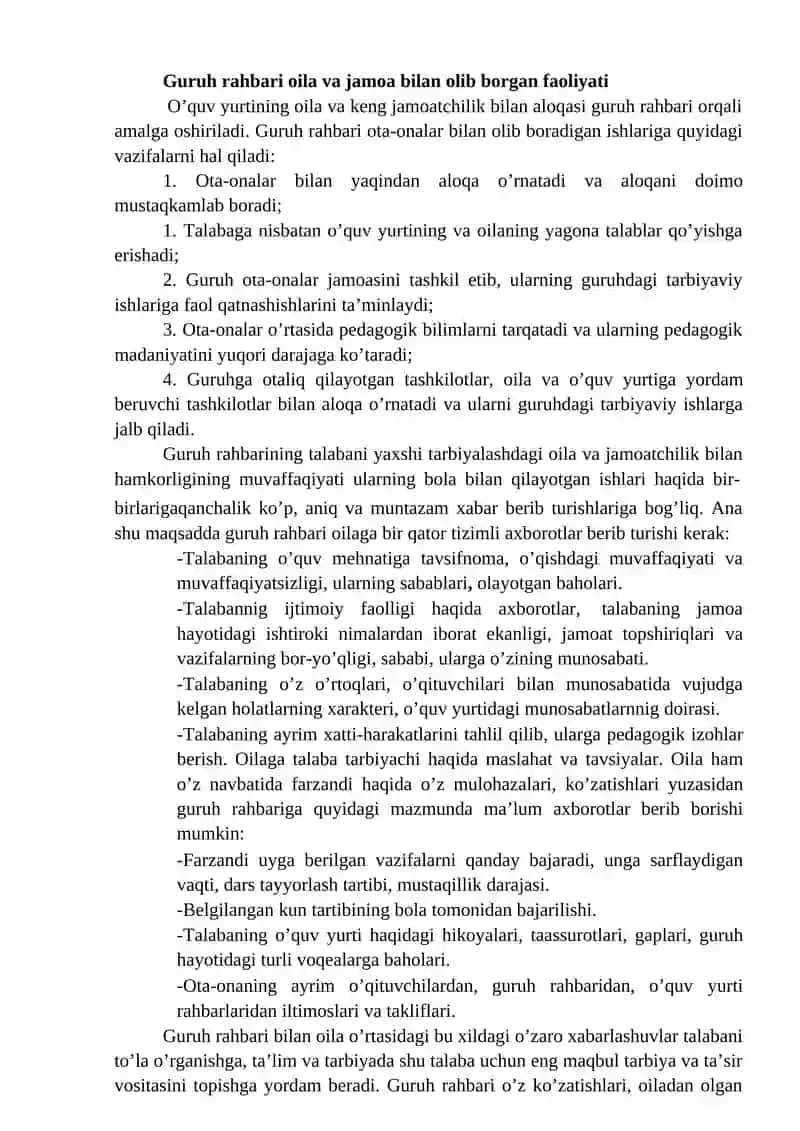 Guruh rahbarining ota onalar bilan olib boradigan ish shakllari 2