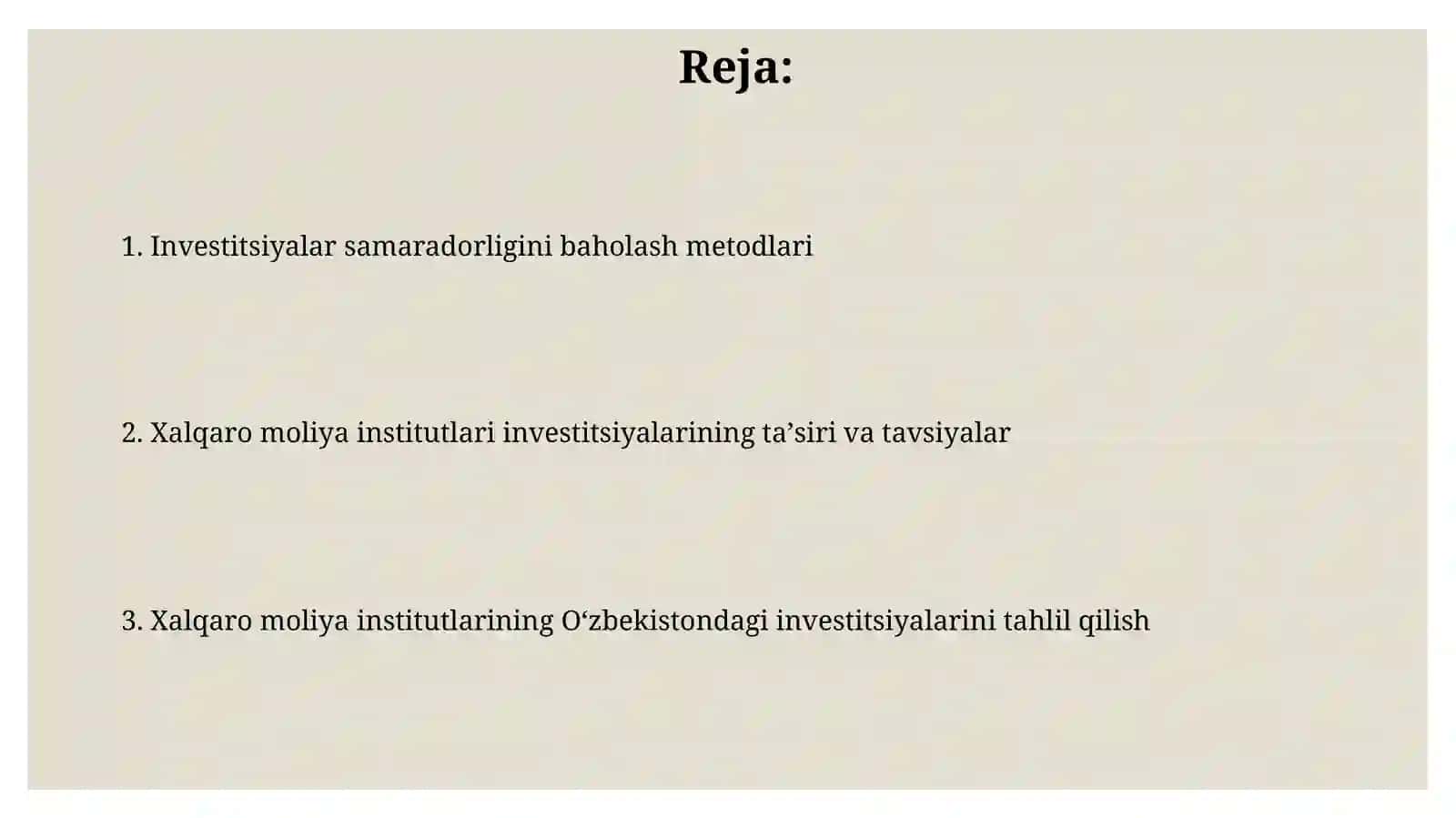 Xalqaro moliya instutlarining O‘zbekistonda amalga oshirgan investitsiyalar va samaradorligi tahlili 2