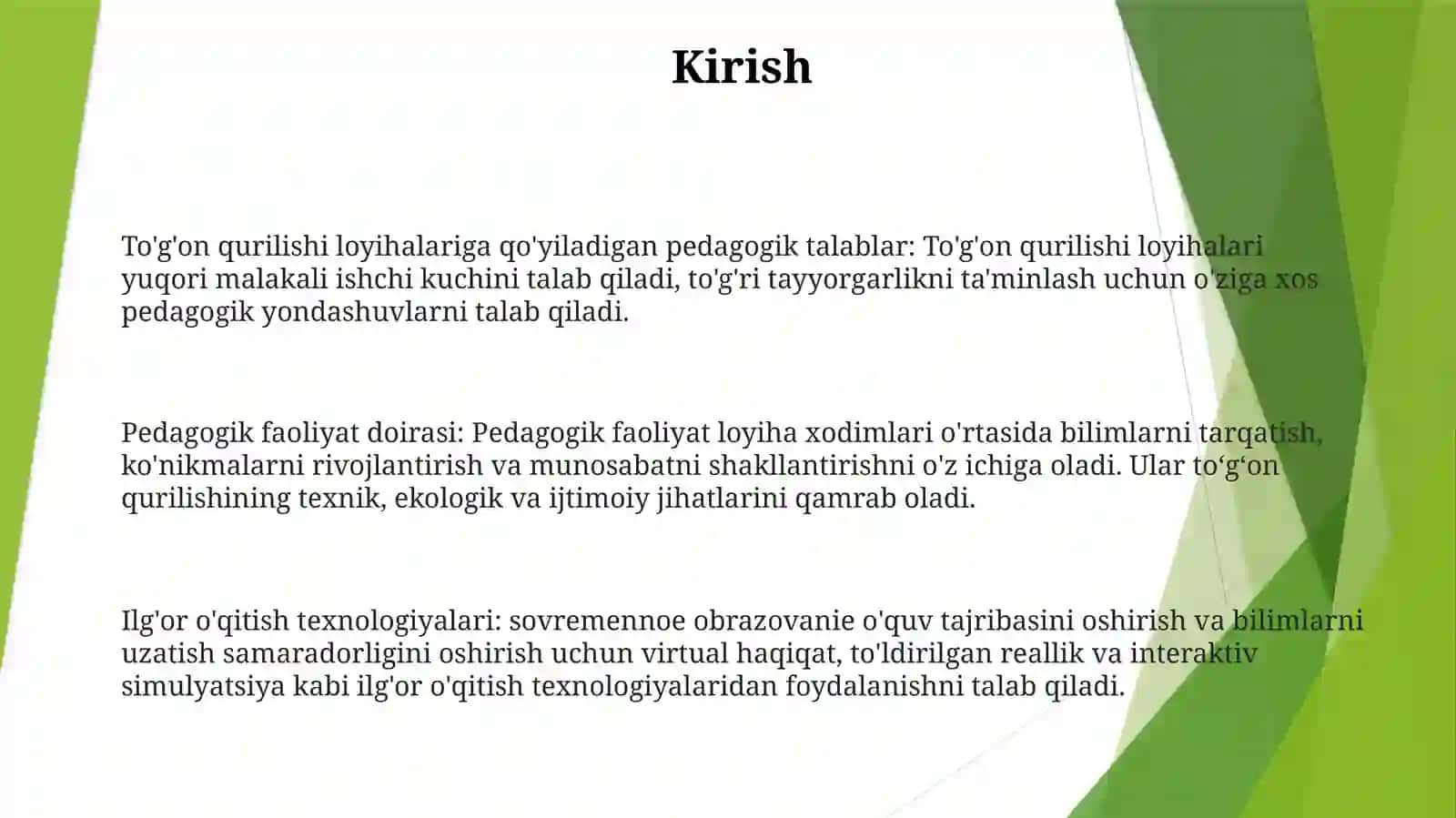 To'g'on qurilishi loyihalariga Pedagogik FaoliyatniTashkilEtish 2