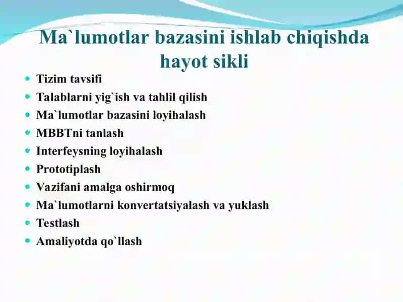 Ma`lumotlar bazasini rejalashtirish, loyihalash, boshqarish (administratorlash) 2
