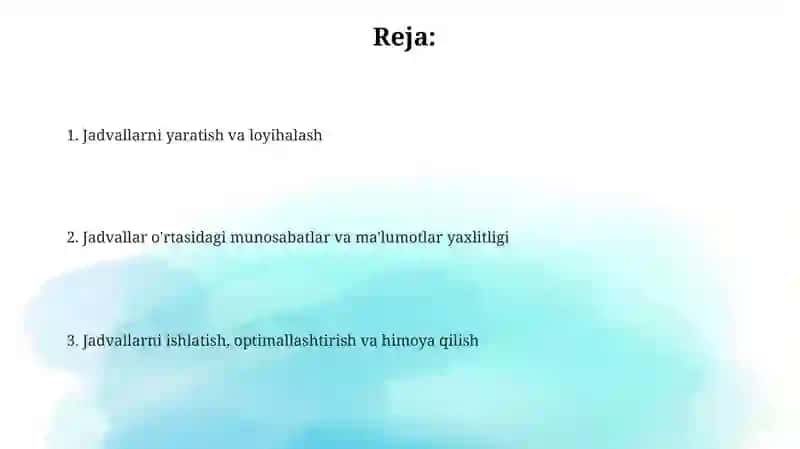 Microsoft Access Maʼlumotlarni boshqarish tizimida jadvallar bilan ishlash 2