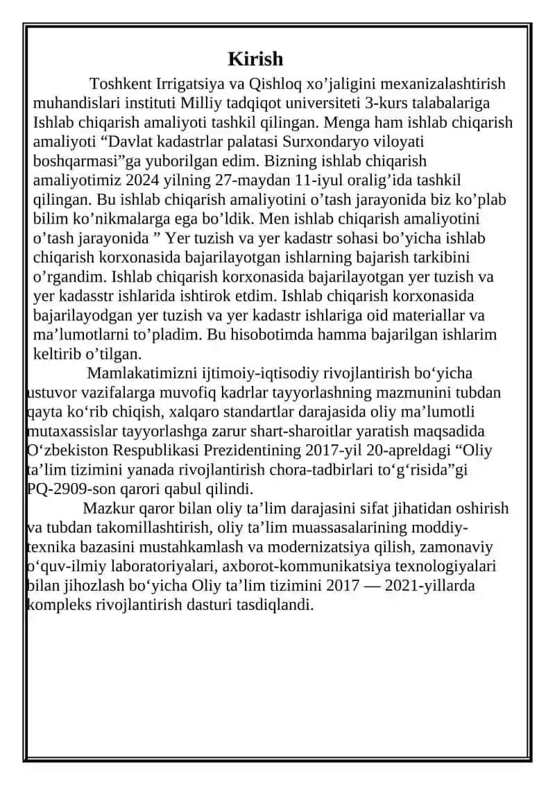 Geodeziya va geoinformatika yo'nalishi bo'yicha bitiruv oldi amaliyoti hisoboti 2