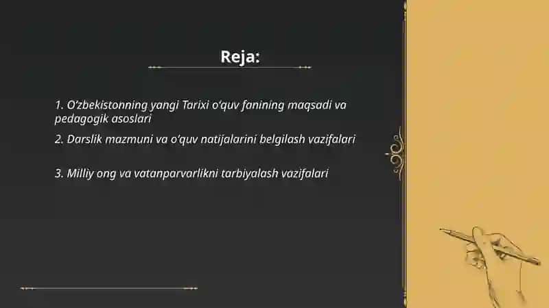 Oʻzbekistoning yangi Tarixi óquv fani maqsadi va vazifalari Hamidov Amriddin 2