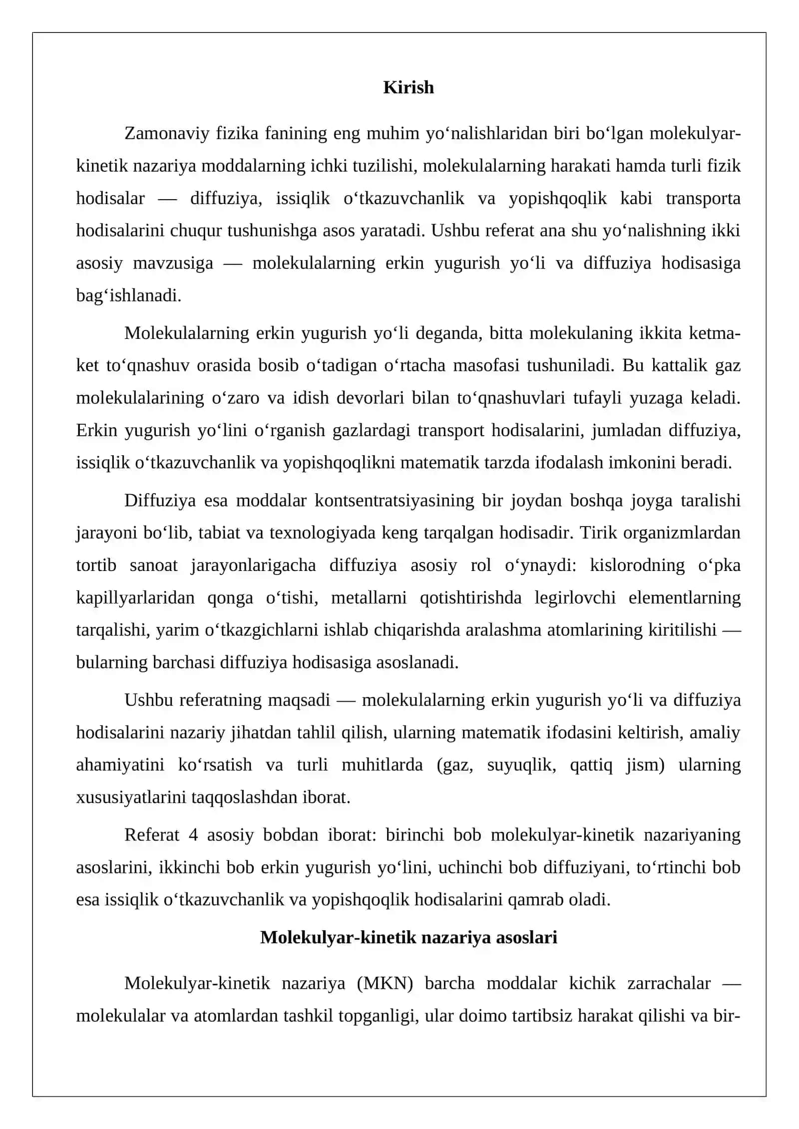 Molekulalarning erkin yugurish yo‘li. Diffuziya 2