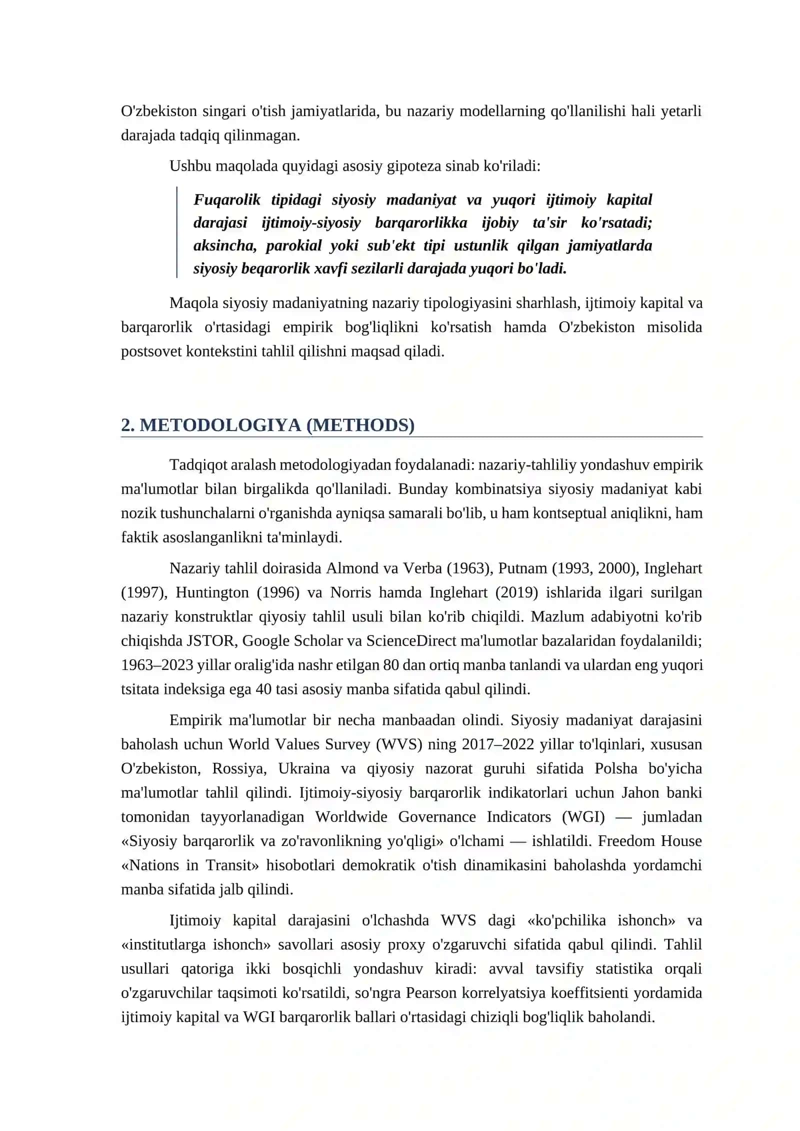 Siyosiy madaniyat va ijtimoiy-siyosiy barqarorlik: Nazariy asoslar va empirik tahlil 2