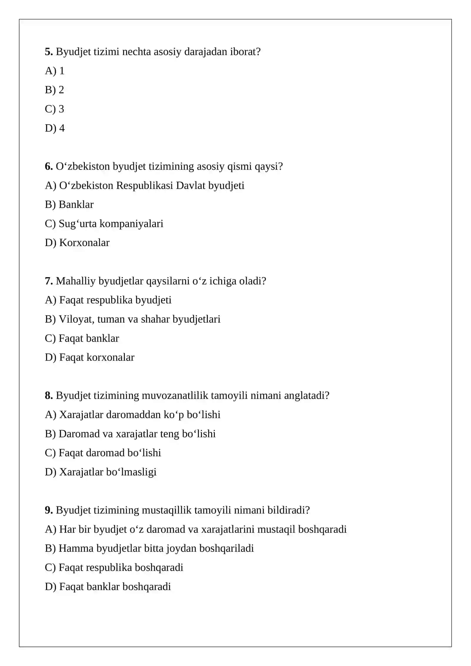 Byudjet tizimining tashkiliy tamoyillari va byudjet tizimi byudjetlari 2