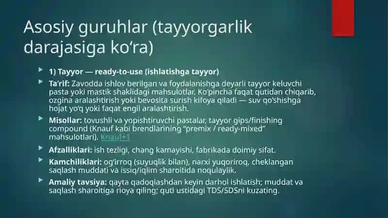 Qorishmaning tayyorgarlik darajasiga ko'ra bo'linishi 2
