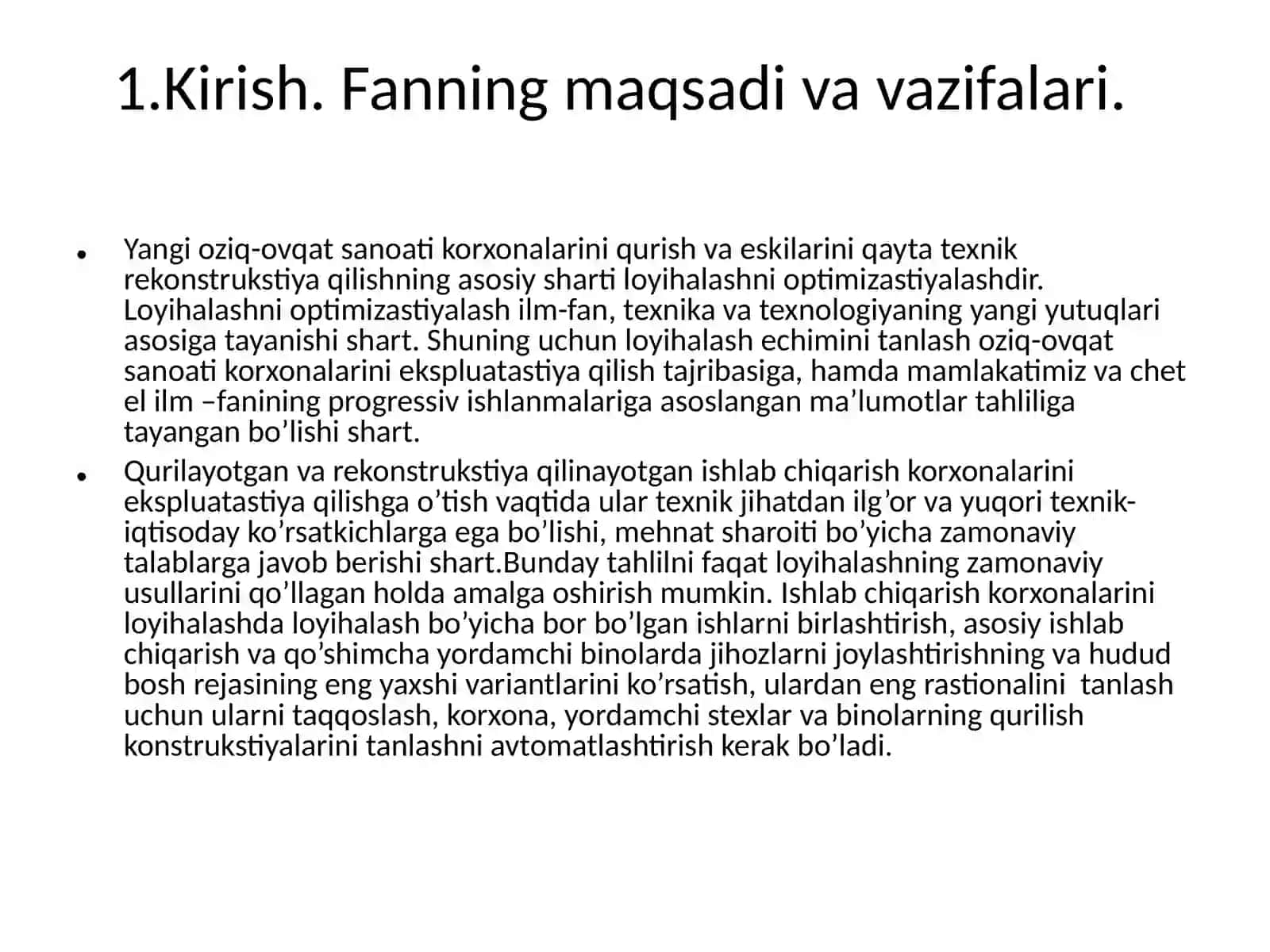 MA`RUZA.Kirish. oziq-ovqat korxonalarini loyihalarini ishlab chiqishda ishtirok etadigan tashkilotlarning vazifalari 2