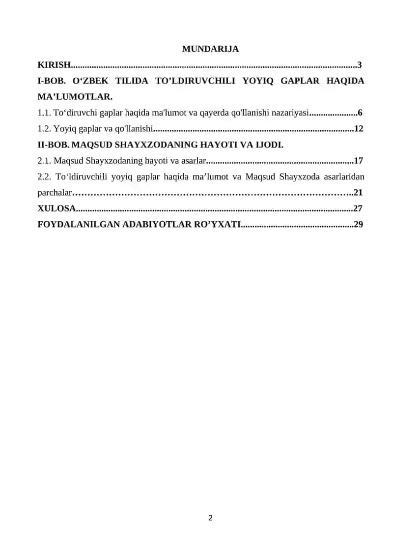 Oʻzbek tilida toʻldiruvchili yoyiq gaplar ( Maqsud Shayxzoda asarlari misolida) 2