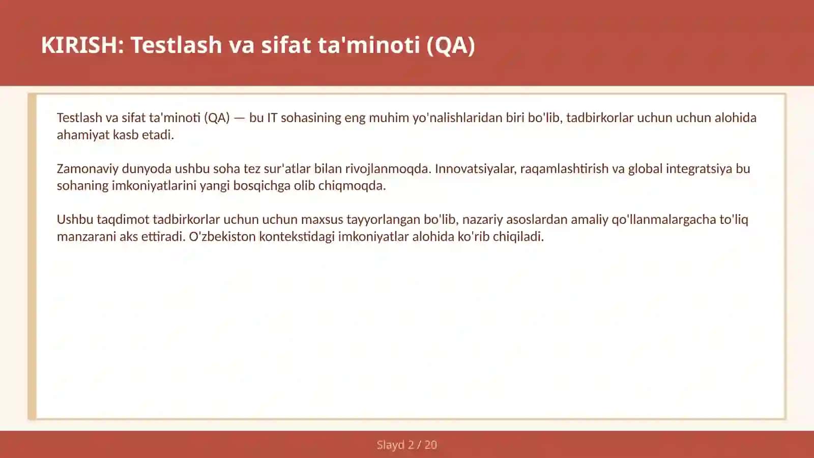 Testlash va sifat ta'minoti (QA) 2