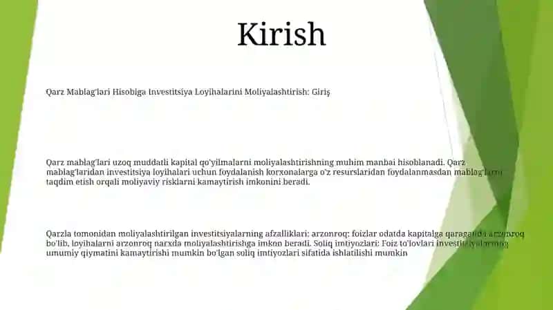 Qarz Mablag'Lari Hisobiga Invistitsiya Loyihalarini Moliyalashtirish 2
