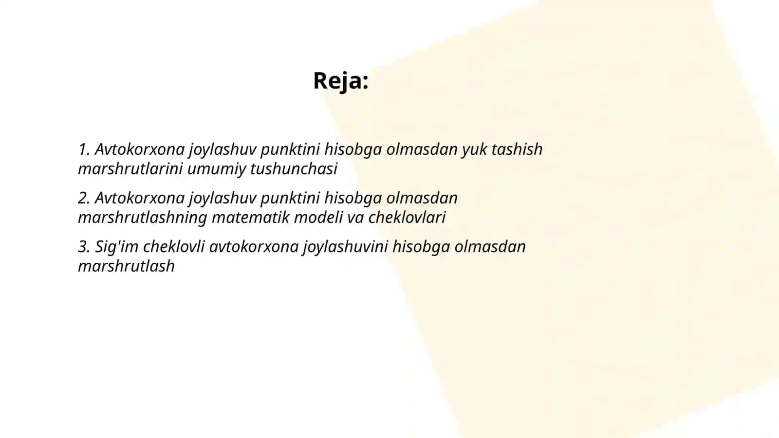 Avtokorxona joylashuv punktini hisobga olmagan holda yuk tashish marshrutlarni tuzish 2