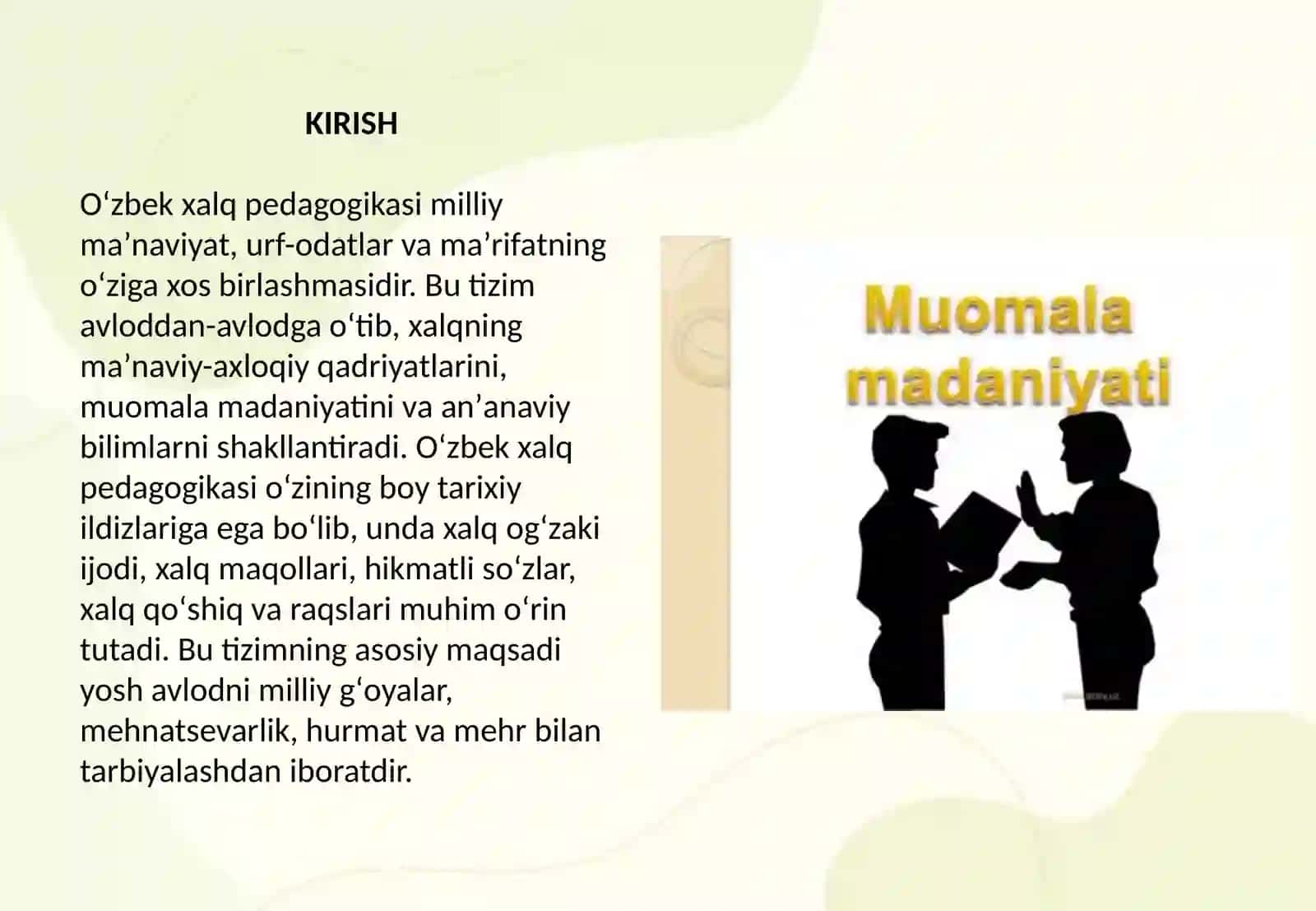 Oʻzbek xalq pedagogikasida oʻzbek xalqimuomalamadaniyatiningaks etishi 2