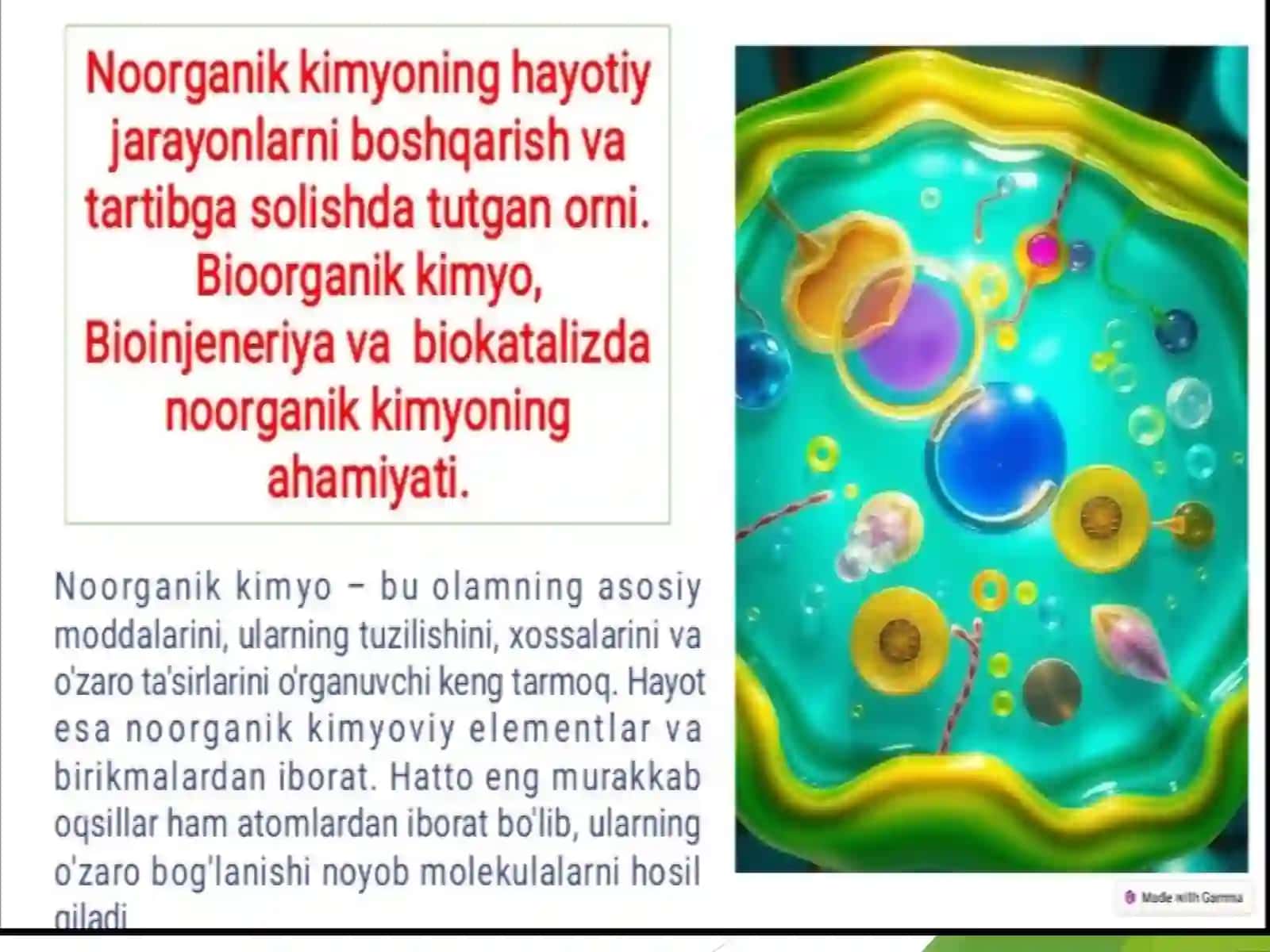 Noorganik kimyoning hayotiy jarayonlarni boshqarish va tartibga solishda tutgan o’rni. Bioorganik kimyo, Bioinjeneriya va biokatalizda noorganik kimyoning ahamiyati. 2