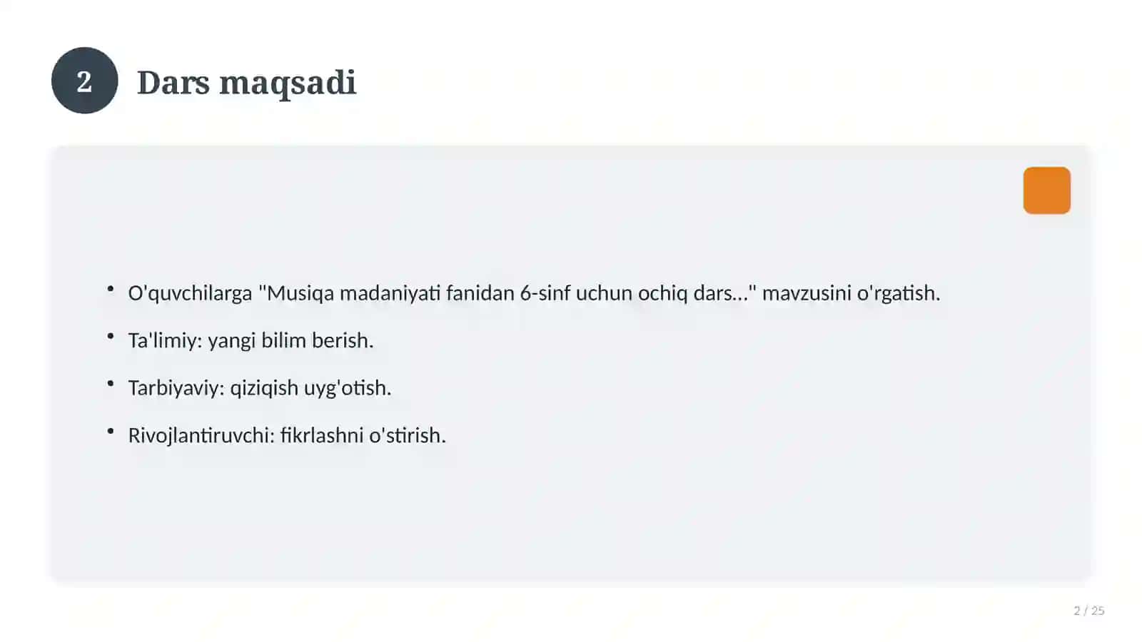 Musiqa madaniyati fanidan 6-sinf uchun ochiq dars ishlanmasi 2