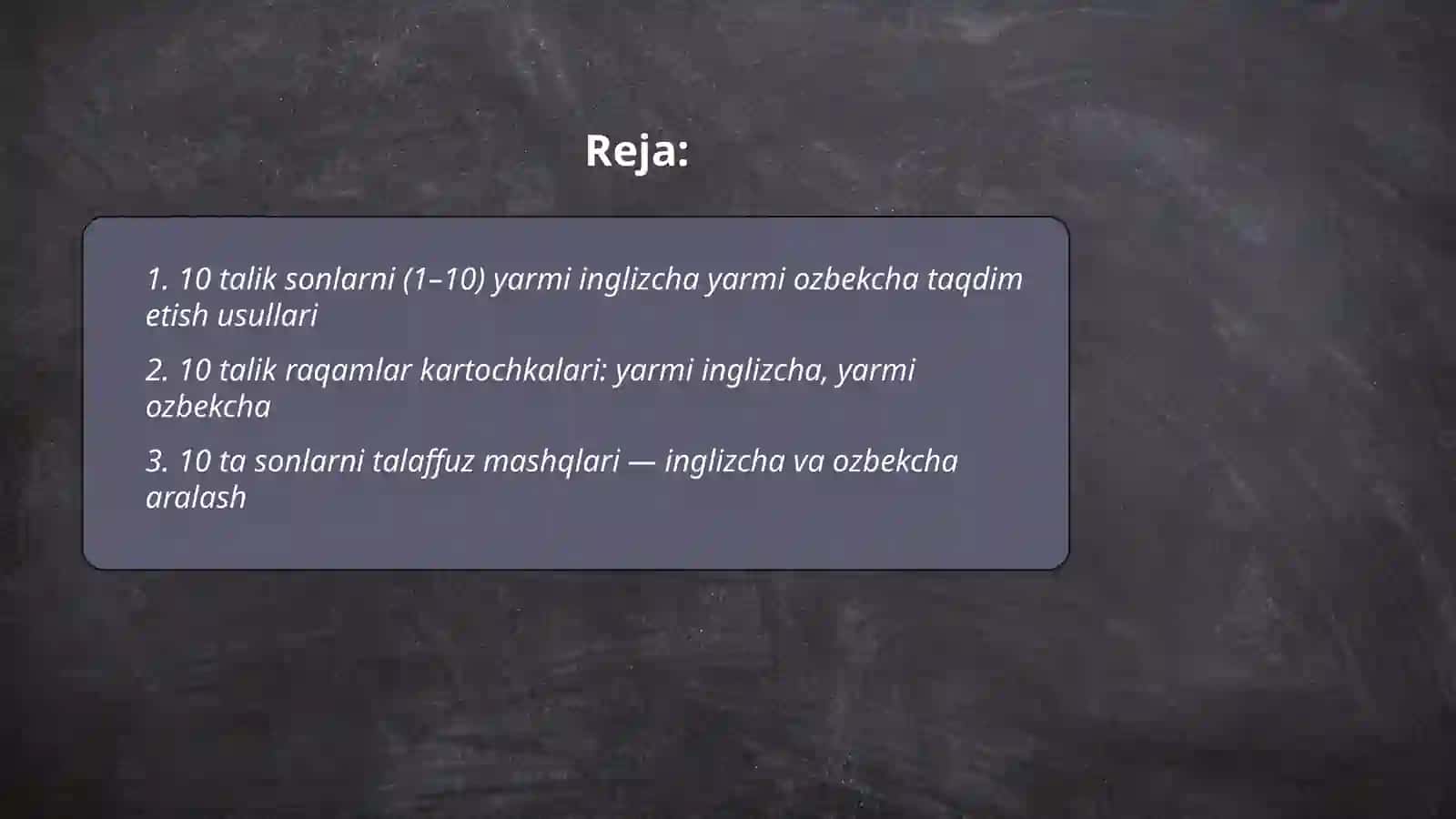10 talik numbers yarmi inglizcha va yarmi ozbekcha bulsin 2