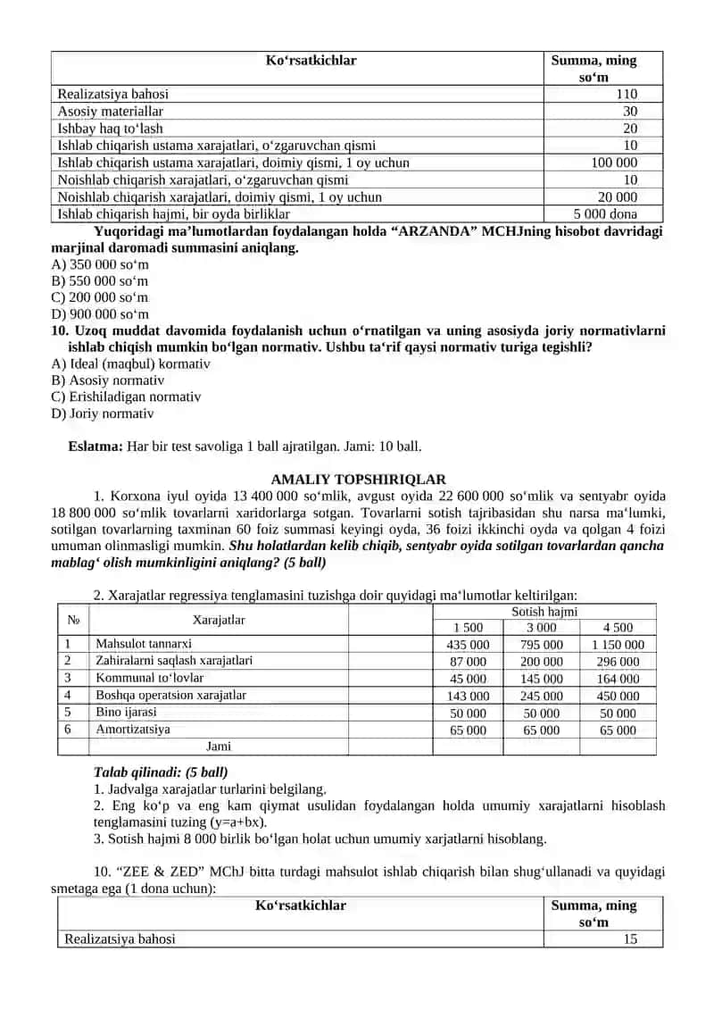 Boshqaruv hisobi fanidan joriy nazorat ishi 2