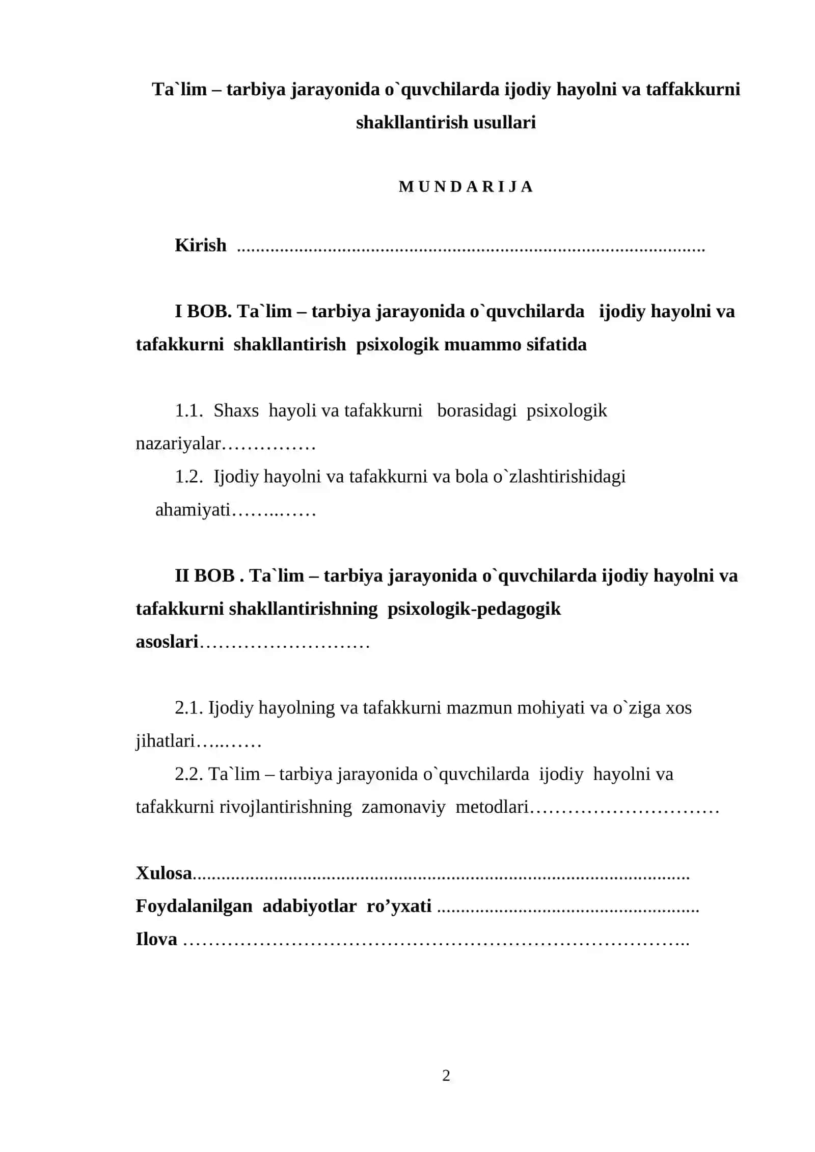 Ta`lim – tarbiya jarayonida o`quvchilarda ijodiy hayolni va taffakkurni shakllantirish usullari 2