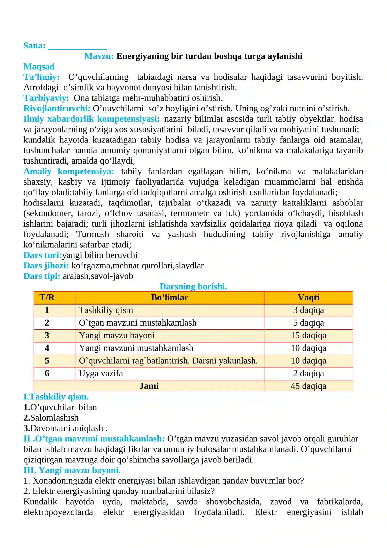 3-sinf Tabiiy fan (Science) Energiyaning bir turdan boshqa turga aylanishi dars ishlanma 2